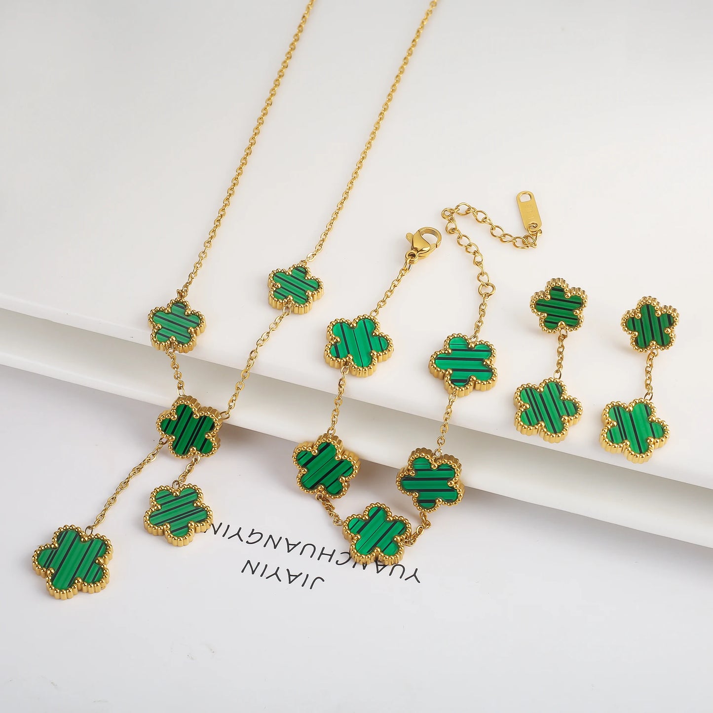 3Pcs 18K Gold-Plated Five-Leaf Flower Necklace Earrings Bracelet Jewelry Set for Woman Fashion Party Jewelry Daily Wear Clover