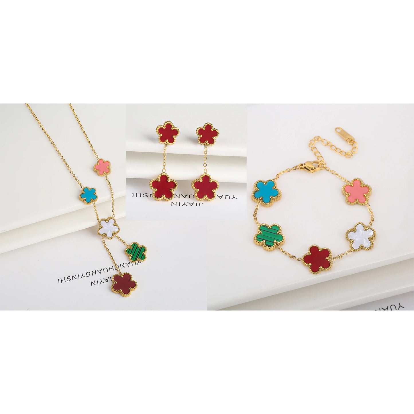 3Pcs 18K Gold-Plated Five-Leaf Flower Necklace Earrings Bracelet Jewelry Set for Woman Fashion Party Jewelry Daily Wear Clover