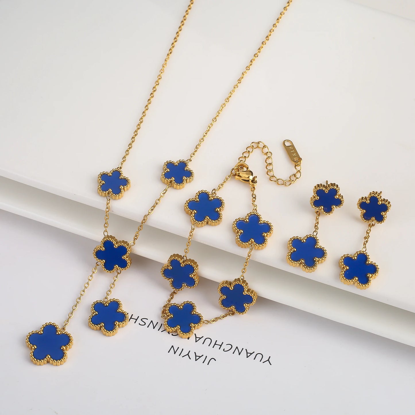 3Pcs 18K Gold-Plated Five-Leaf Flower Necklace Earrings Bracelet Jewelry Set for Woman Fashion Party Jewelry Daily Wear Clover