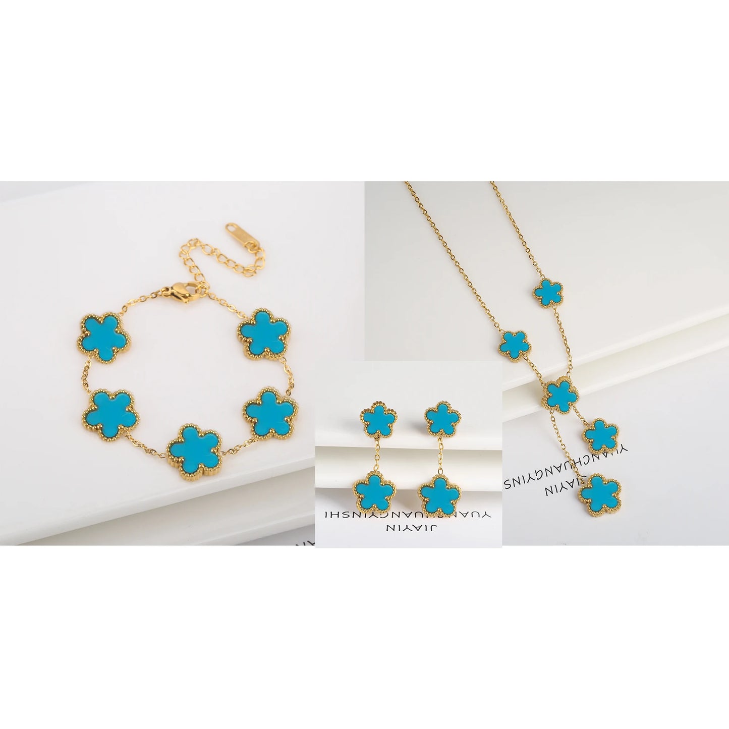 3Pcs 18K Gold-Plated Five-Leaf Flower Necklace Earrings Bracelet Jewelry Set for Woman Fashion Party Jewelry Daily Wear Clover