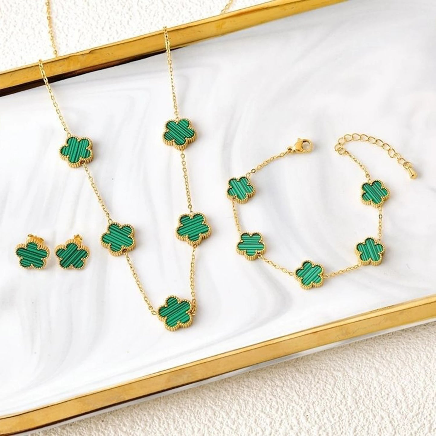 3Pcs 18K Gold-Plated Five-Leaf Flower Necklace Earrings Bracelet Jewelry Set for Woman Fashion Party Jewelry Daily Wear Clover