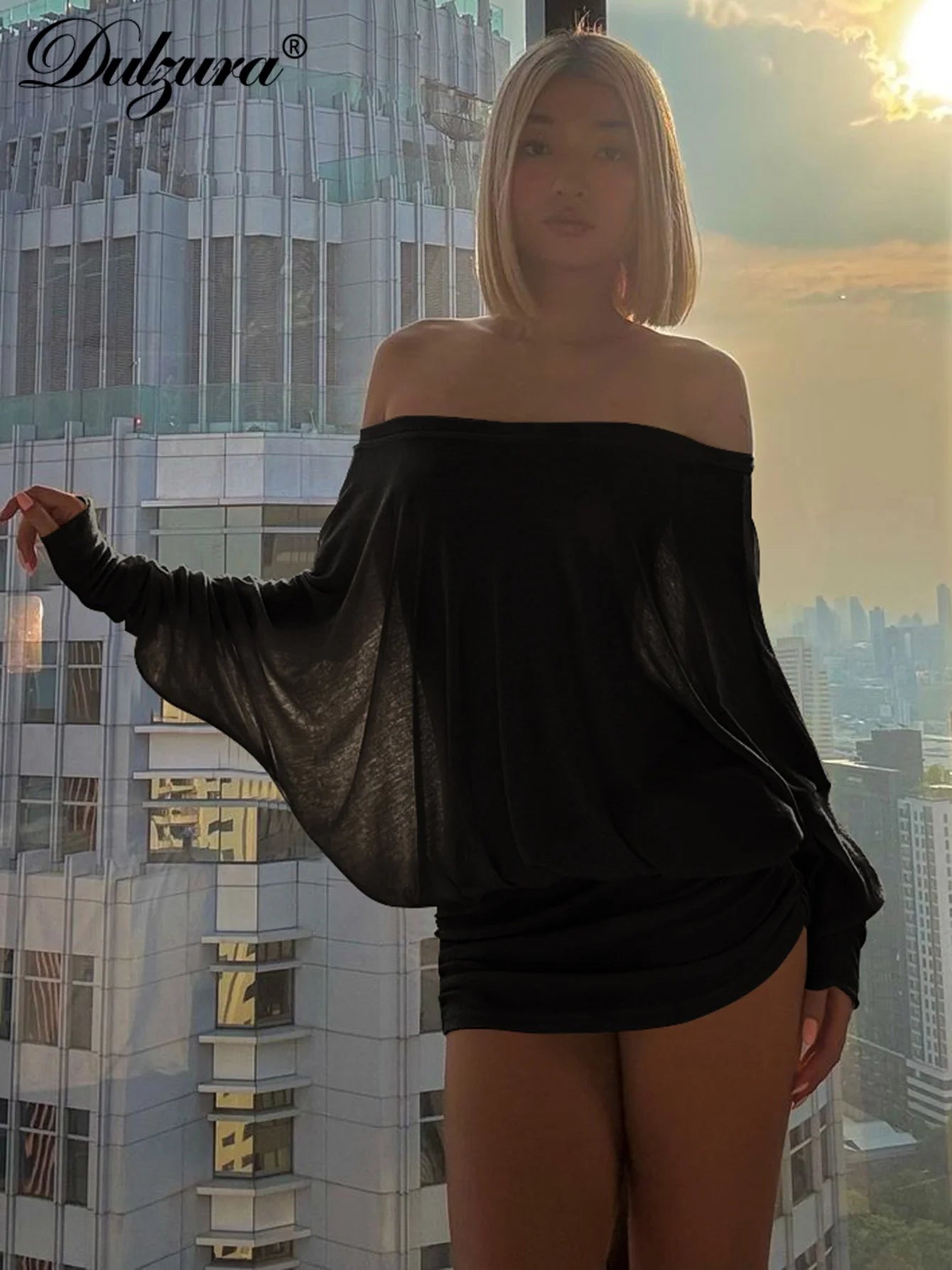 off Shoulder Long Sleeves Ruched Patchwork Mini Dress Women’S Sexy Elegant Casual Outfit Party Clubwear Spring Summer