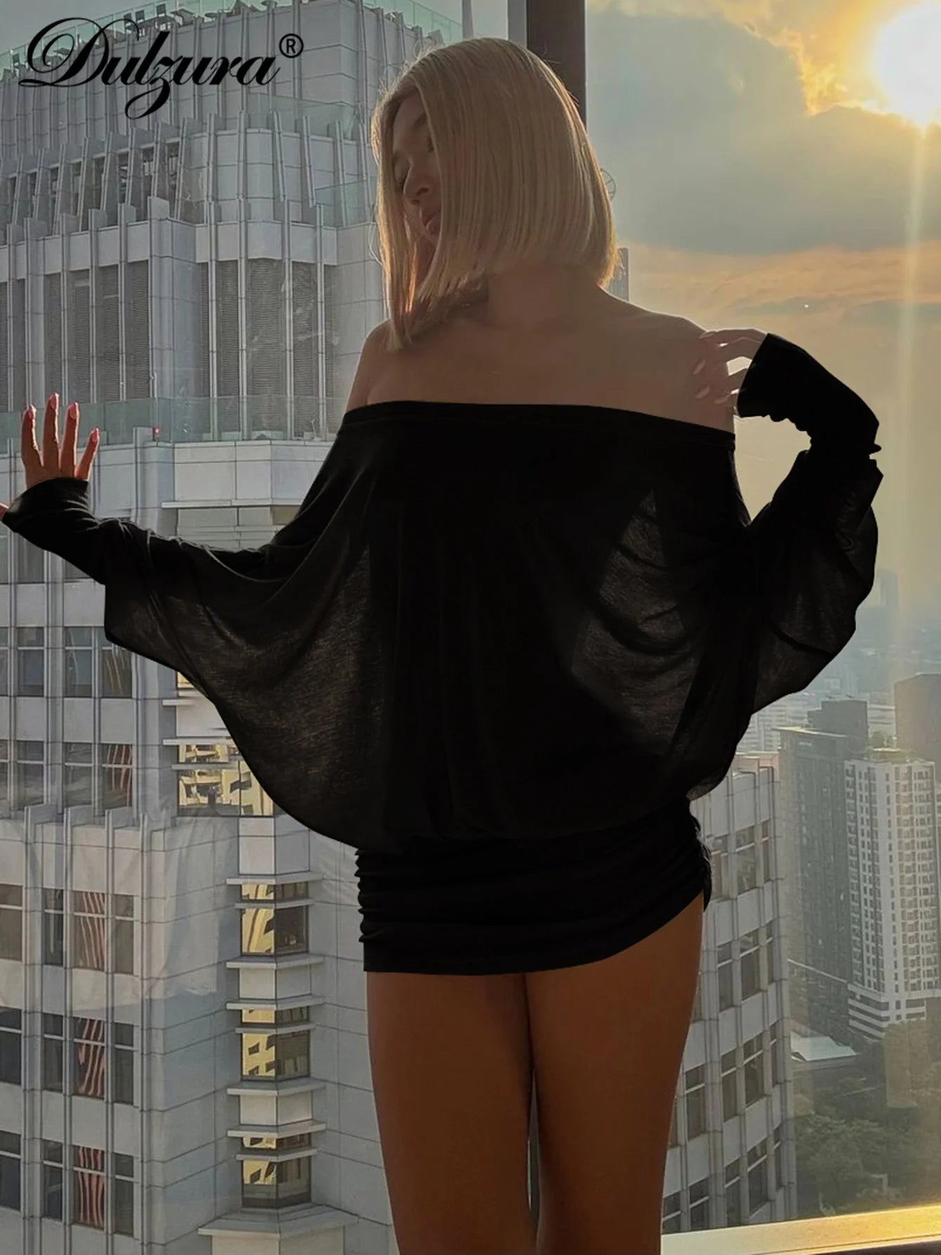 off Shoulder Long Sleeves Ruched Patchwork Mini Dress Women’S Sexy Elegant Casual Outfit Party Clubwear Spring Summer