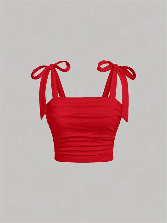 Solid Tie Shoulder Ruched Wide Strap Slim Fit Crop Top for Women Summer 2024 Y2K Clothes Pink Backless Cami Top Streetwear